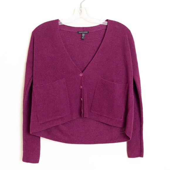 Eileen Fisher Organic Linen Cotton V-Neck Cardigan Oversized Boxy Plum Purple - Picture 2 of 14